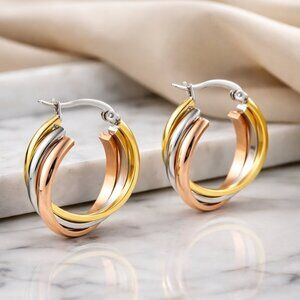 Tri-Color Overlapping Triple Hoops 18K Gold Plated Stainless Steel Earrings